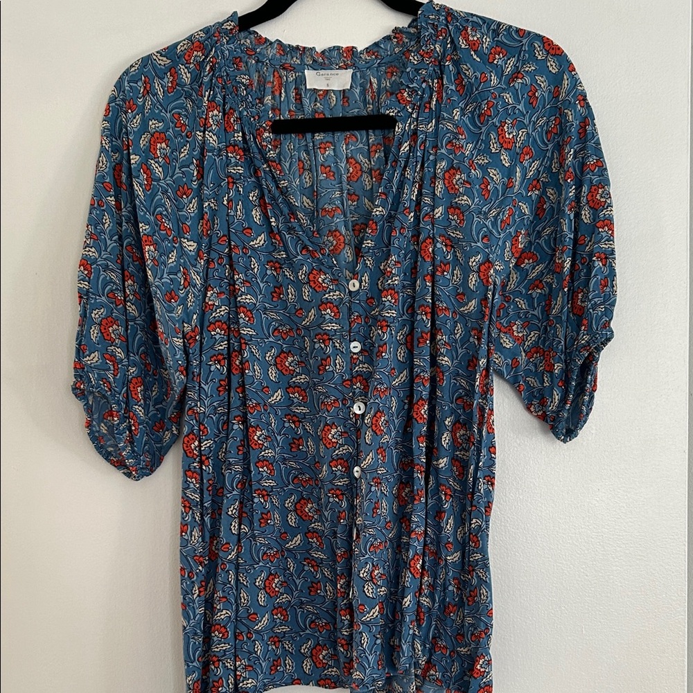 Chic Blue Floral Button-Up Blouse